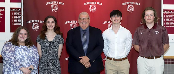 From left are 2023 Student Scholarship Award winners Emma Gaston, Brenna Hunt, LEAF President Timothy Tkach, Mason Marchessault, and Lucas Schatz. They were each awarded $1,250.